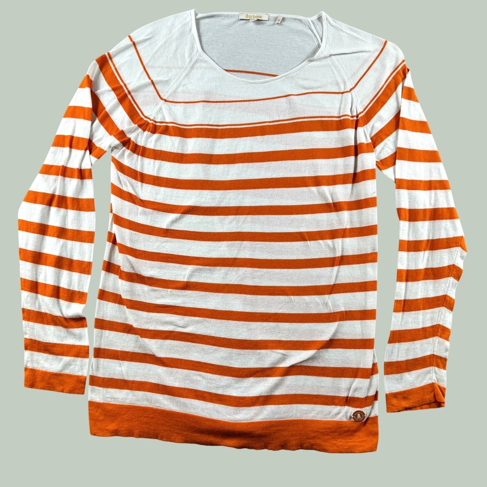 Barbour Chock Striped Knit Women 16 Orange White Nautical Cotton Sweater Top XL